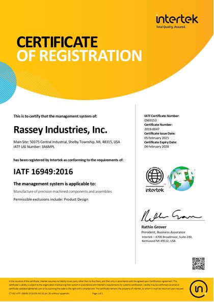 Rassey Industries IATF 16949:2016 certificate of registration